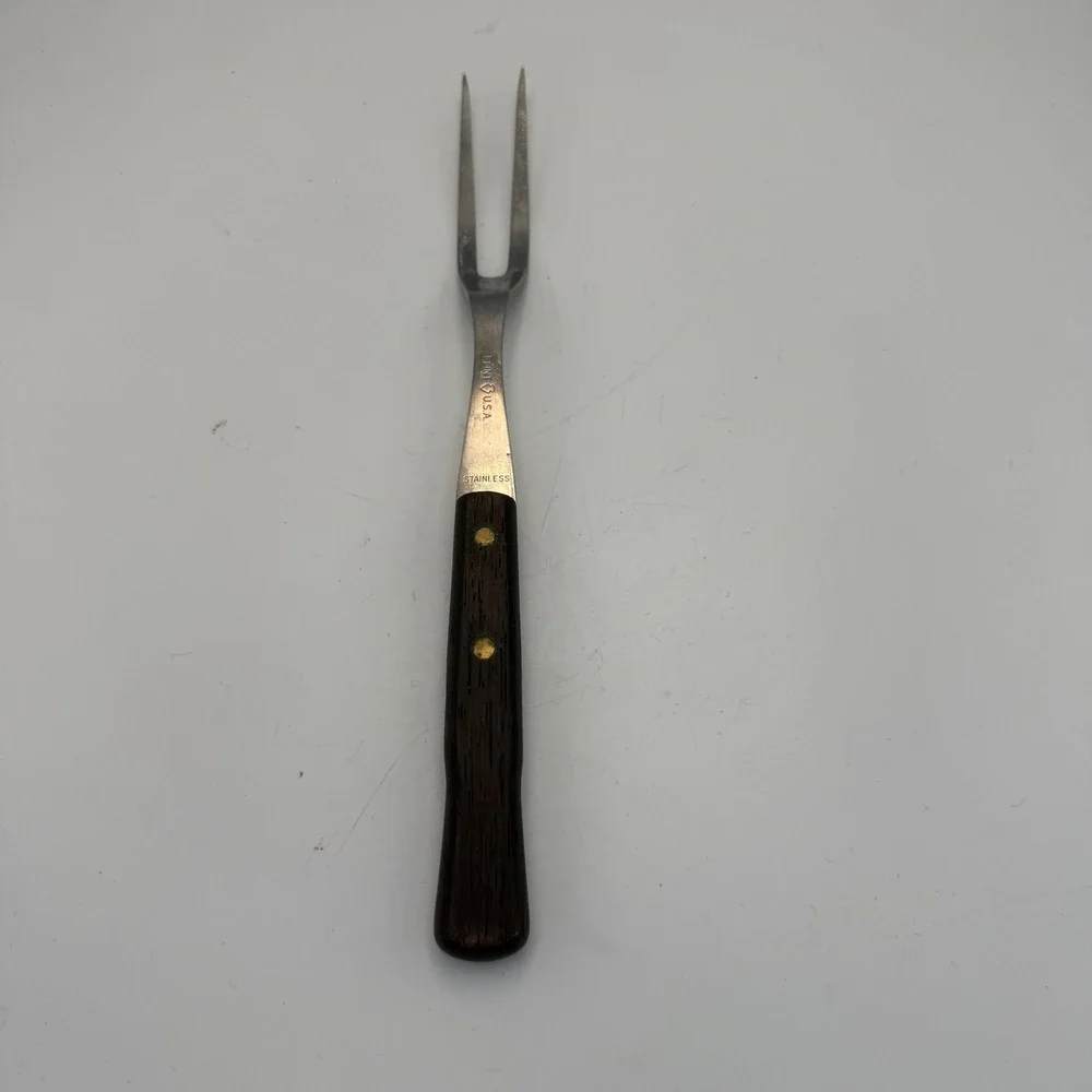 Vintage Flint USA Stainless Steel Carving Fork Wood Handle Arrowhead Logo 11.5in